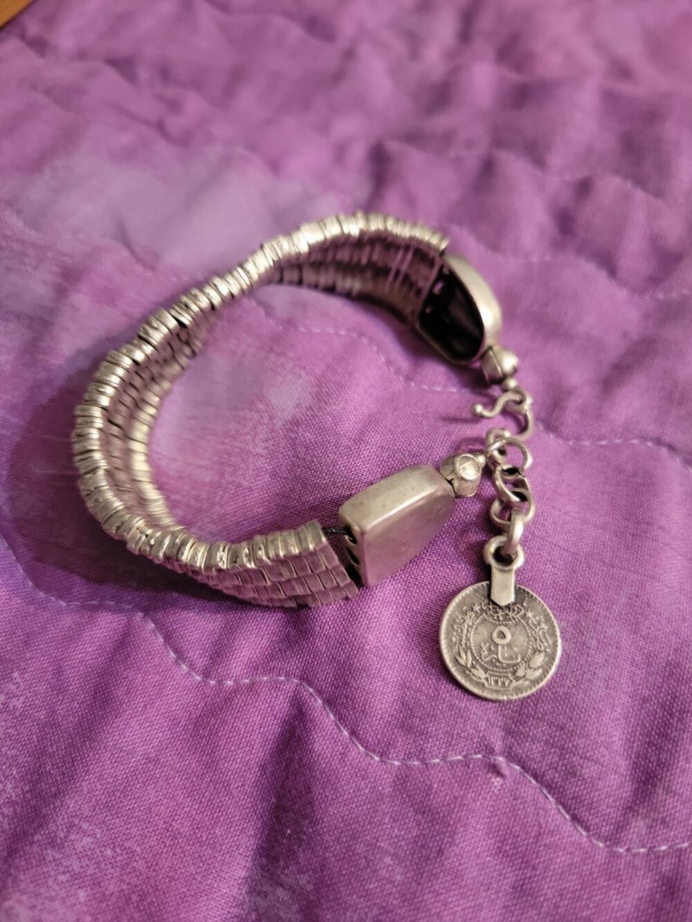 Vintage Silver Colored Unique Bracelet W Token Dangle